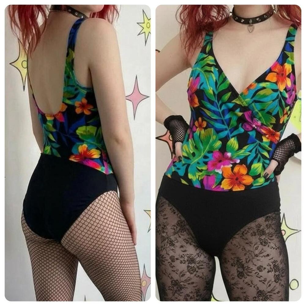 Vintage 80s 90s Neon Floral Hawaiian Tiki One Piece Swimsuit Bodysuit SM